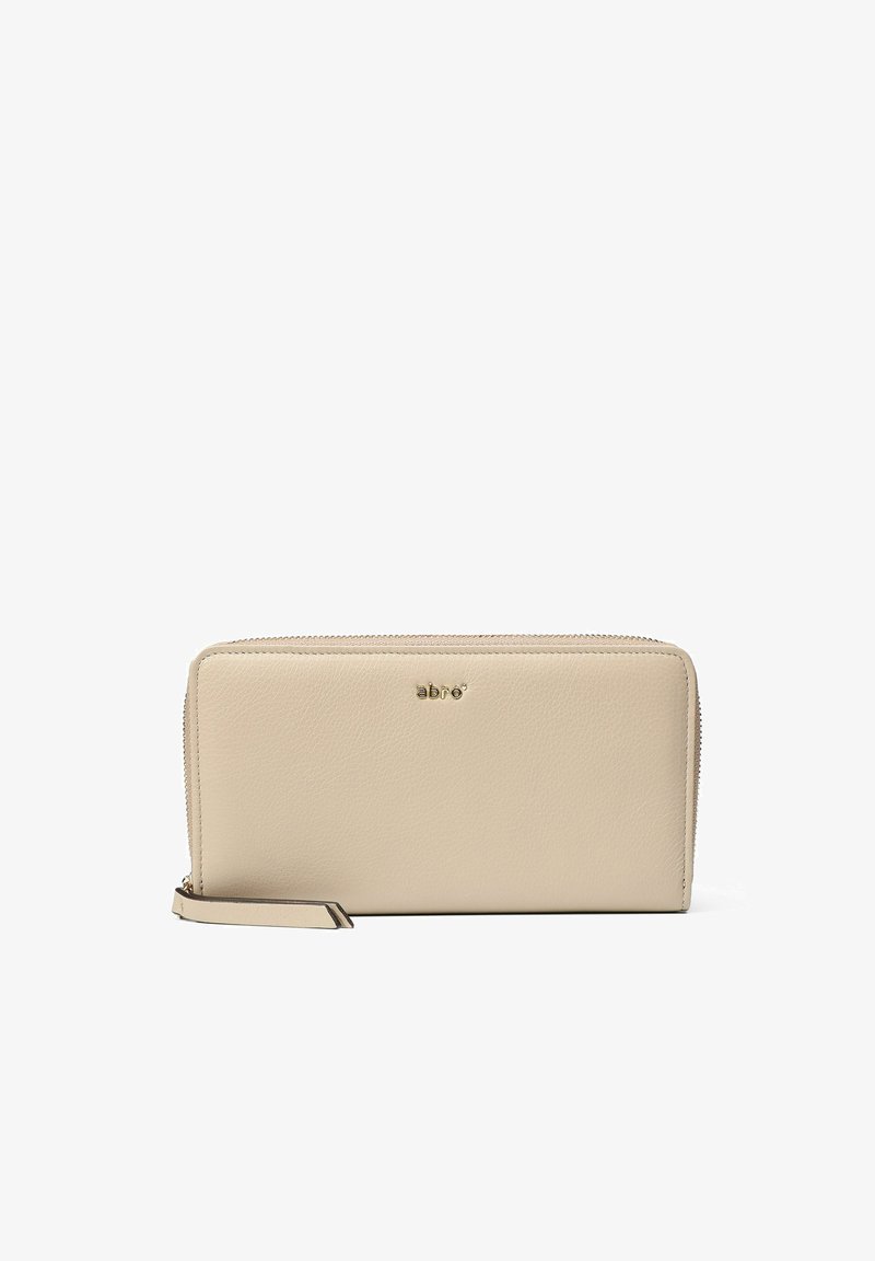 Beige leather wallet with a zip closure, textured surface, and a small logo on the front. Features a wrist strap for carrying convenience.