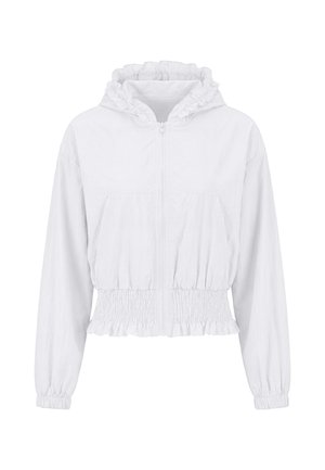 Weiße Kapuzenjacke mit durchgehendem Reißverschluss, elastischen Bündchen, Taille und gerafften Kanten an Kapuze und Saum.