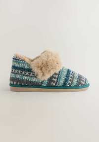 Zapatillas de lana con una parte superior de patrón multicolor en tonos verde azulado, azul y gris, que presentan un puño de pelo sintético beige y una suela tostada.