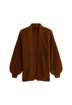 Cardigan lavorato a maglia marrone con scollatura a V profonda, maniche ampie e texture a costine. Apertura frontale senza chiusure, con un design dalla vestibilità larga.