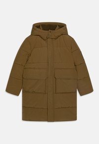 Καφέ επενδυμένο παλτό με κουκούλα, διαθέτει δύο μεγάλες μπροστινές τσέπες, κλείσιμο με κουμπί και ραφές. Λείο υφασμάτινο υλικό, ελαφρύ.