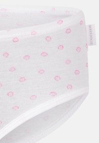Vita bomullsunderkläder med rosa prickmönster. Har elastiskt midjeband och släta kanter. Etikett på sidan med "Schiesser"-logotyp.