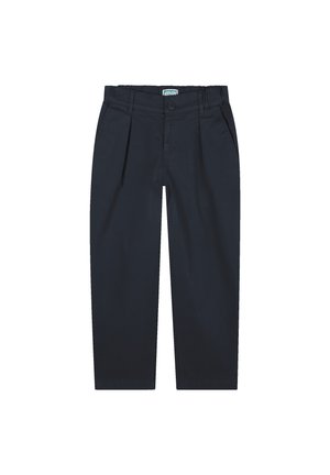 Pantalons en coton bleu marine à coupe droite, avec plis sur le devant et fermeture par bouton ; texture lisse, conçus pour un usage décontracté.