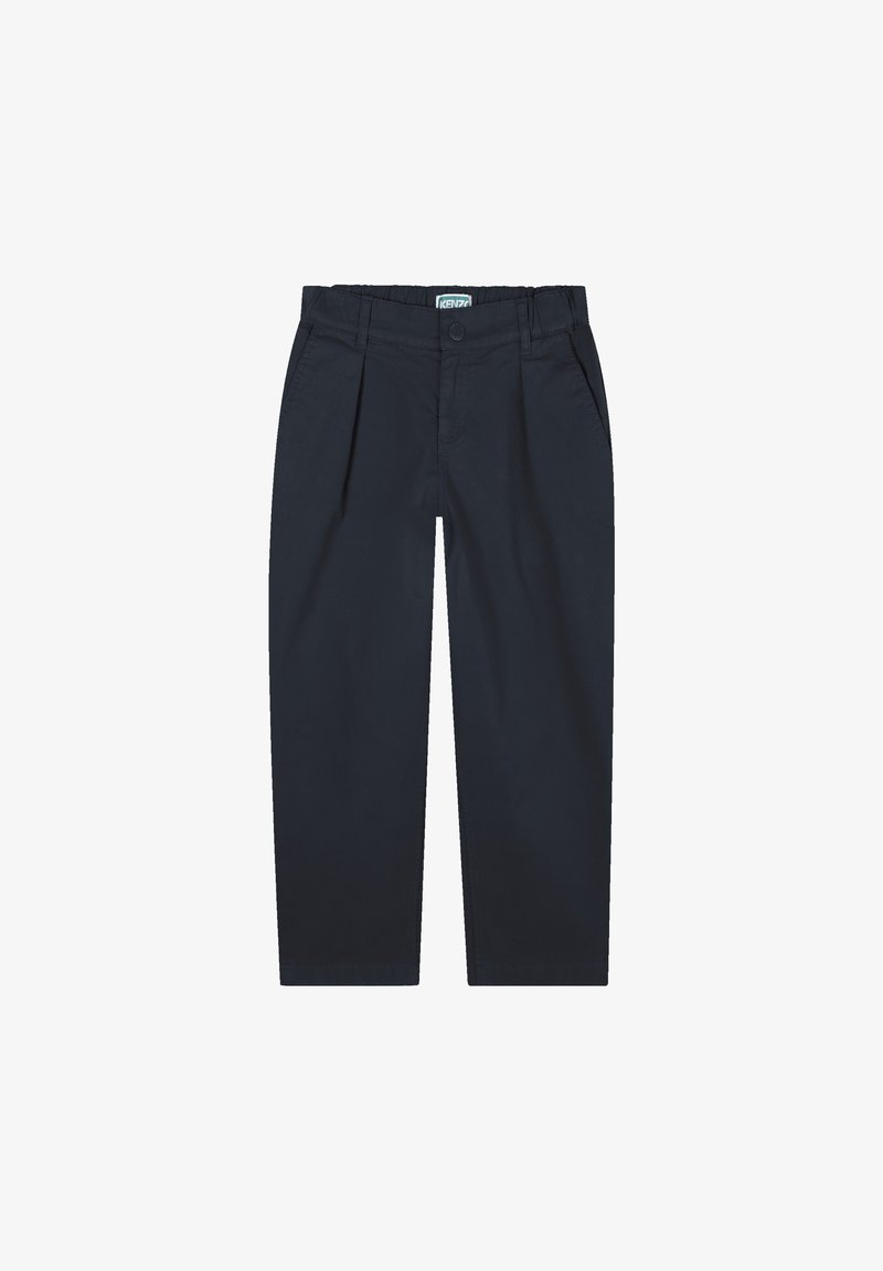 Pantalons en coton bleu marine à coupe droite, avec plis sur le devant et fermeture par bouton ; texture lisse, conçus pour un usage décontracté.