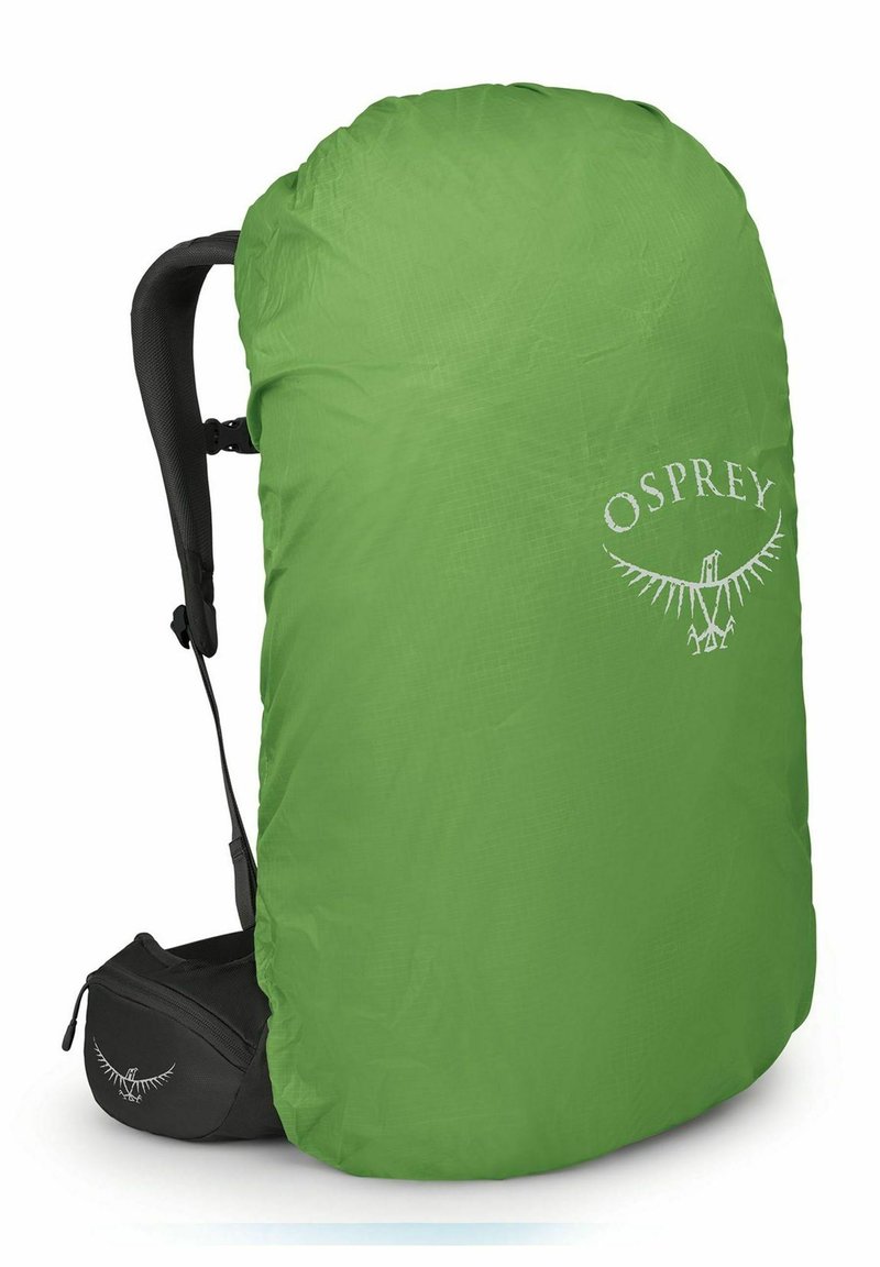 Cubierta de mochila verde hecha de un material ligero y resistente al agua. Presenta correas ajustables negras y el logo de Osprey en la parte frontal.