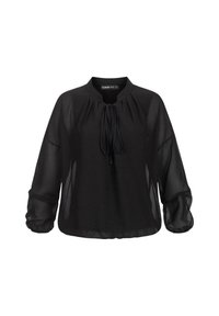 Top nero con design a colletto alto, maniche lunghe in tessuto trasparente e chiusura a fiocco al collo, realizzato in tessuto leggero.