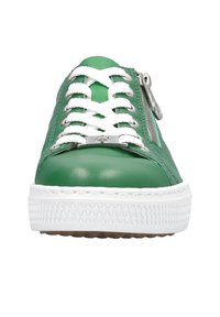 Green leather sneaker with white laces, round toe, and a white rubber sole. Features a side zipper and silver hardware detail.