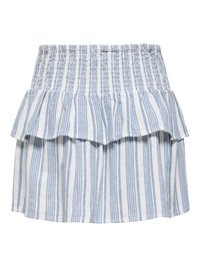 Mini-jupe à rayures verticales bleu et blanc avec ceinture smockée et volant autour des hanches.