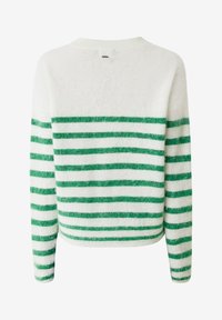 Suéter a rayas verde y blanco, hecho de material suave, con rayas horizontales y un cuello redondo, con mangas largas.