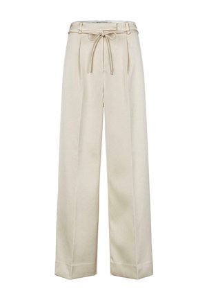 Béžové kalhoty s vysokým pasem a širokými nohavicemi, se samostatně uvazujícím páskem a záhyby v pase, vystavené na bílém pozadí.