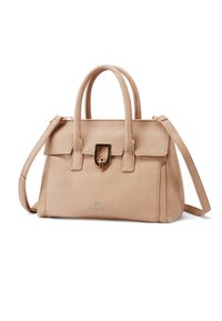 Borsa a mano in pelle beige con superficie texturizzata, doppi manici, tracolla regolabile e dettaglio di chiusura in oro.