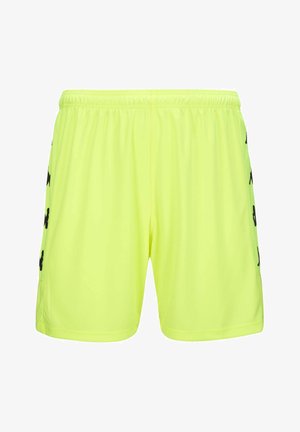 Pantaloncini sportivi giallo neon con vita elasticizzata, caratterizzati da accenti neri del logo sui lati e una texture del tessuto liscia.