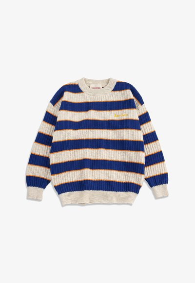 Pull en maille épaisse avec larges rayures horizontales bleues et crème séparées par de fines lignes orange, avec un col rond et des manches longues.