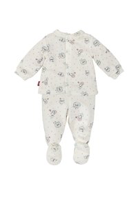 Ensemble pour bébé en deux pièces en tissu blanc doux, présentant des imprimés colorés d'animaux et de vélos, avec un col rond et un design à pieds.