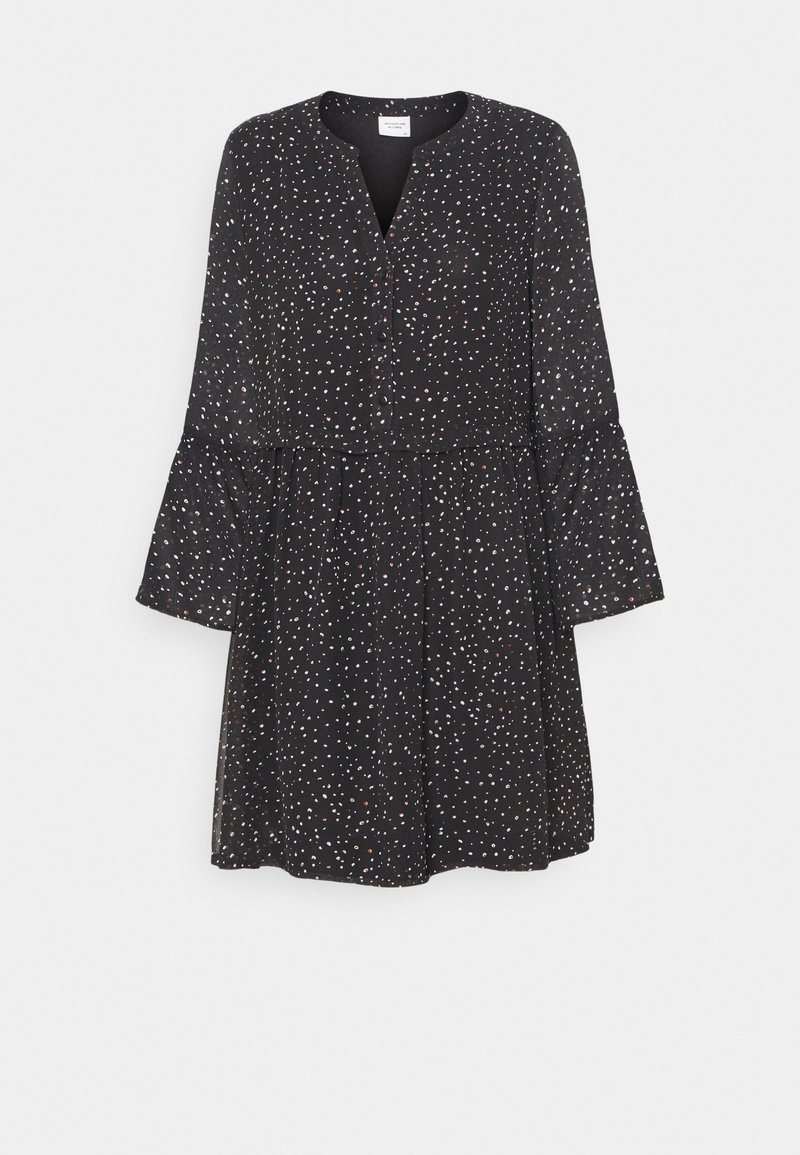 Robe noire à manches longues avec poignets évasés, devant boutonné, décorée de petits pois blancs et orange épars, silhouette longueur genou.