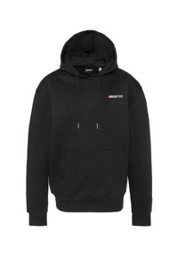 Sudadera negra de mezcla de algodón, con un bolsillo canguro en la parte frontal, capucha con cordón ajustable y bordado del logo en el pecho.