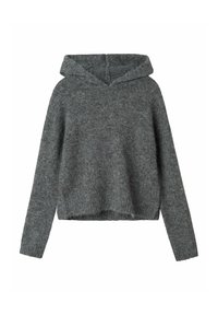 Hoodie grise en tricot à manches longues avec un tissu texturé et un ourlet légèrement court, présenté sur un fond blanc.