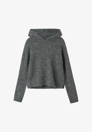 Hoodie grise en tricot à manches longues avec un tissu texturé et un ourlet légèrement court, présenté sur un fond blanc.