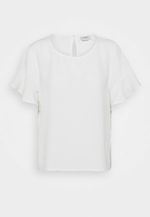 Weiße Bluse mit kurzen Ärmeln, rundem Ausschnitt und Rüschenärmeln, gefertigt aus leichtem Stoff mit kleinem Knopfverschluss auf der Rückseite.