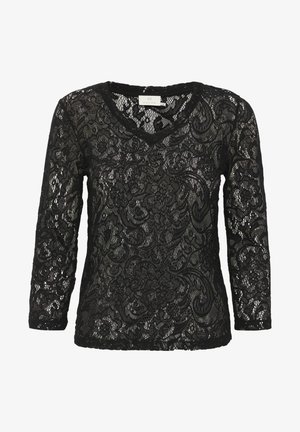 Black lace top with long sleeves, a V-neck, and intricate floral patterns. Lightweight texture, detailed embellishments throughout.