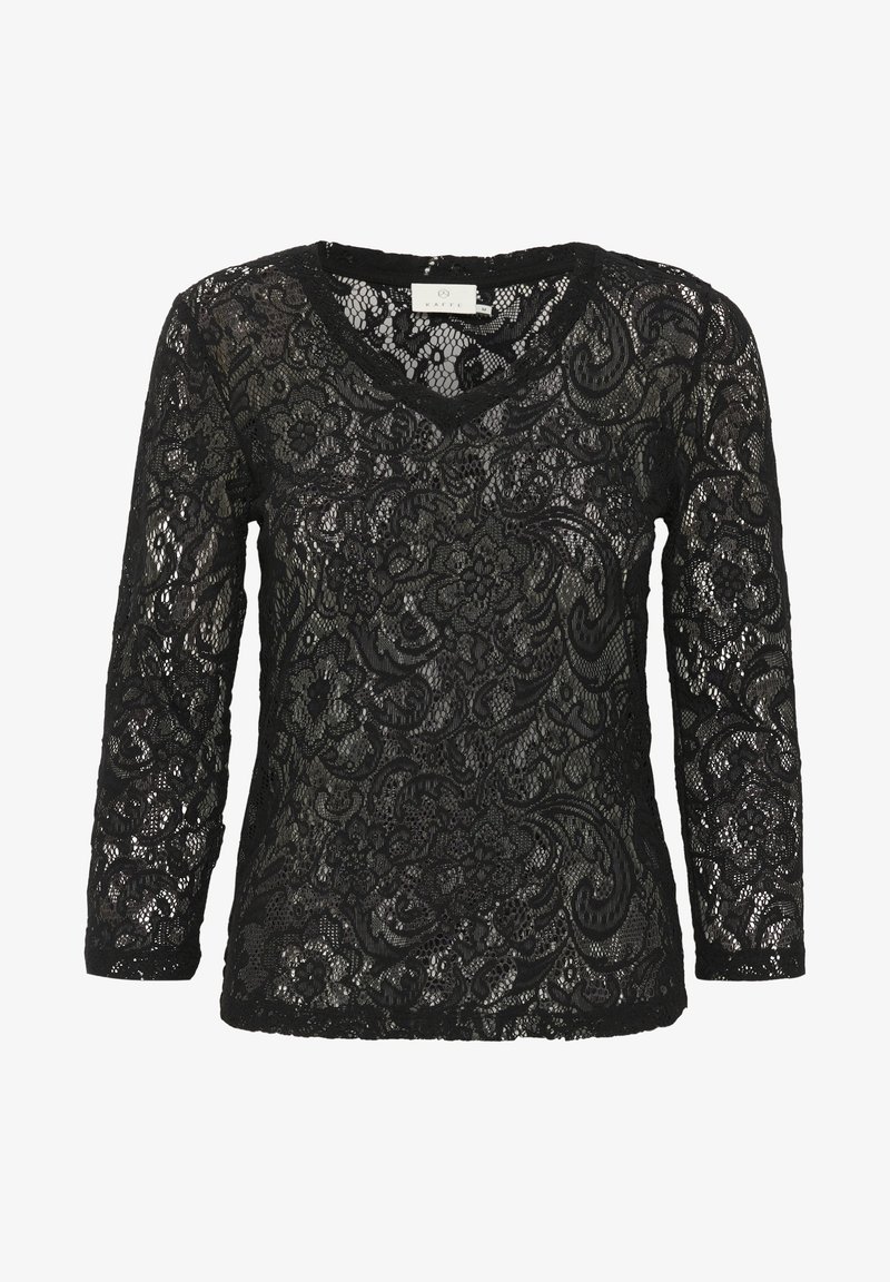 Top en dentelle noire avec des manches longues, un col en V et des motifs floraux intricats. Texture légère, ornements détaillés tout au long.