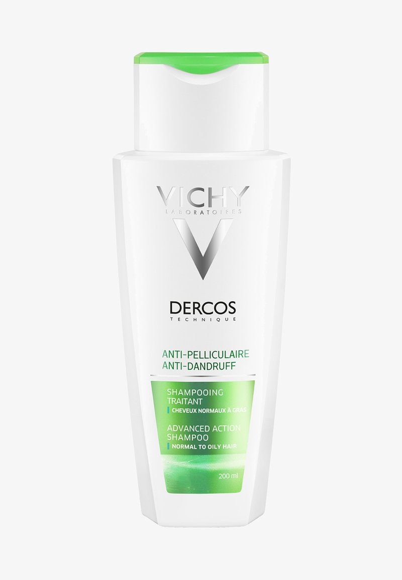 Vichy Dercos Anti-Schuppen-Shampoo Flasche, 200 ml, für normales bis fettiges Haar mit fortschrittlicher Wirkformel, weiß mit grünem Deckel.