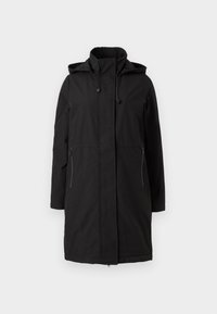 Black long coat with a hood, featuring a zip closure, side pockets, and a smooth, textured fabric. Simple and functional design.