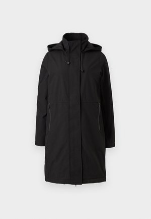 Svart lang frakk med hette, med glidelås, sidelommer og et glatt, teksturert stoff. Enkel og funksjonell design.