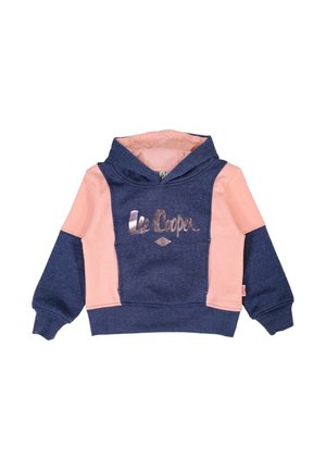 Sweat à capuche pour enfants avec corps et manches bleu marine, panneaux rose clair sur les bras et à l'intérieur de la capuche, ainsi que le nom de la marque métallique à l'avant.