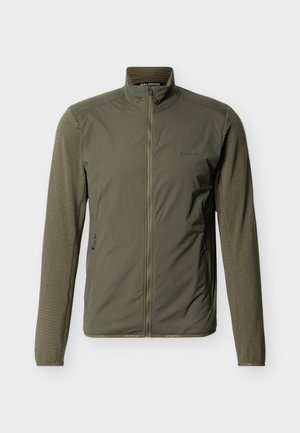 Giacca da uomo verde oliva con zip, colletto alto, maniche testurizzate e due tasche laterali con zip, marchiata Salomon sul petto e sul colletto.