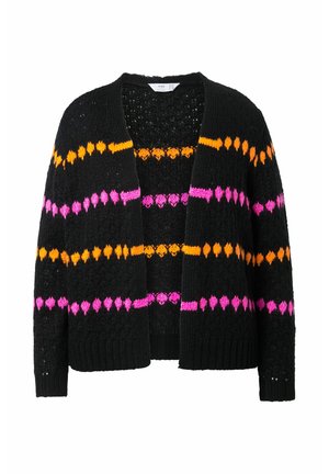 Sort strikket cardigan med brede vandrette striber i pink og orange, åben frontdesign samt ribbede manchetter og kant.