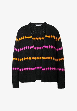 Black knit cardigan featuring bold horizontal stripes in pink and orange, open front design, and ribbed cuffs and hem.