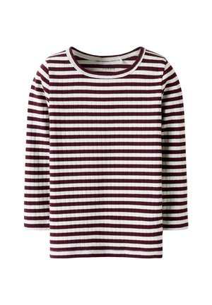 Długi rękaw, top w bordowe i białe paski, prążkowana tekstura, okrągły dekolt i standardowy krój. Brak dodatkowych ozdób.