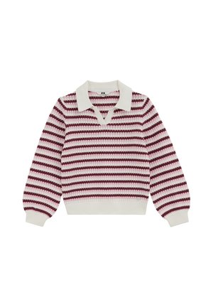 Striktrøje med lange ærmer med vandrette striber i bordeaux, pink og hvid, hvid krave og ribstrikkede manchetter og kant.