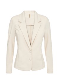 Blazer beige su misura con colletto a doppio petto, maniche lunghe e due bottoni frontali. Realizzato in tessuto morbido con silhouette aderente.