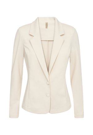 Beige op maat gemaakte blazer met een geknipt kraag, lange mouwen en twee voorknopjes. Gemaakt van soepele stof met een getailleerde silhouette.