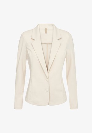 Beige op maat gemaakte blazer met een geknipt kraag, lange mouwen en twee voorknopjes. Gemaakt van soepele stof met een getailleerde silhouette.
