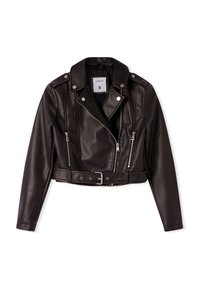 Czarna, krótka kurtka motocyklowa z sztucznej skóry z srebrnymi zamkami błyskawicznymi, paskiem, napami i małym kołnierzykiem, rozmiar mały.