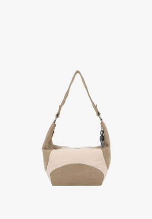 Beige Wildleder-Handtasche mit runder Form, kontrastierenden hellbeigen Akzenten, einem einzelnen Schulterriemen und einem dekorativen silbernen Hardware-Detail.