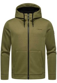 Olive green zip-up hoodie with a ribbed texture, black zipper, two front pockets, and adjustable drawstring hood.