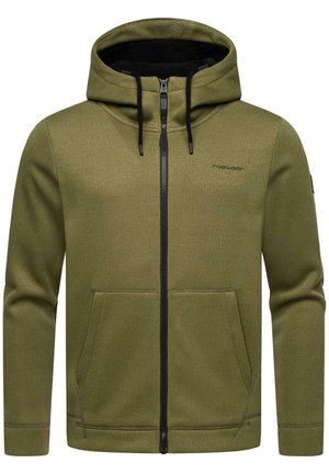 Olive green zip-up hoodie with a ribbed texture, black zipper, two front pockets, and adjustable drawstring hood.