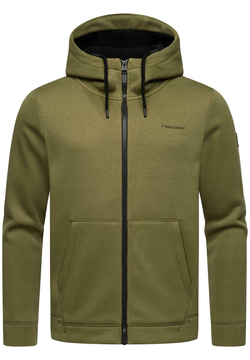 Olive green zip-up hoodie with a ribbed texture, black zipper, two front pockets, and adjustable drawstring hood.