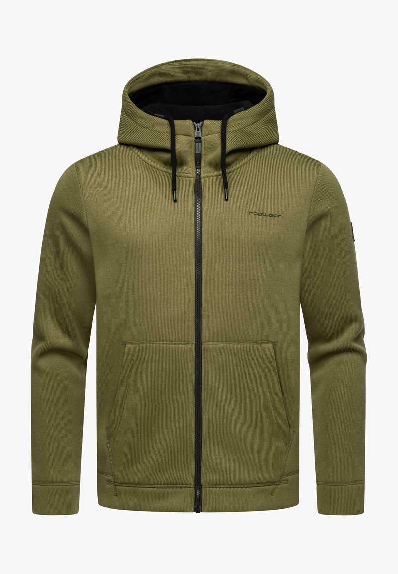 Olive green zip-up hoodie with a ribbed texture, black zipper, two front pockets, and adjustable drawstring hood.