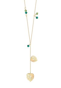 Złoty naszyjnik z dwoma zawieszkami w kształcie liści. Posiada zielone kryształowe akcenty na delikatnym łańcuszku. Lekka konstrukcja i nowoczesna estetyka.
