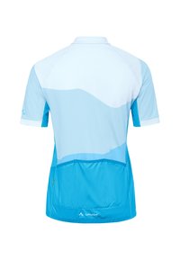 Maillot de cyclisme à manches courtes avec des nuances de bleu, des poches arrière et le logo Vaude au centre en bas.