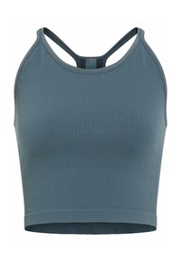 Ribbed athletic crop top in a muted blue color. Features a high neckline and crossback straps. Smooth texture, no visible hardware or embellishments.
