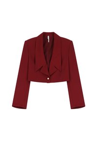 Giacca bordeaux accorciata con un ampio colletto, maniche lunghe e chiusura frontale con un singolo bottone dorato. Tessuto con una superficie liscia.