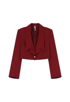 Giacca bordeaux accorciata con un ampio colletto, maniche lunghe e chiusura frontale con un singolo bottone dorato. Tessuto con una superficie liscia.