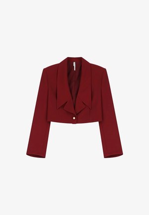 Giacca bordeaux accorciata con un ampio colletto, maniche lunghe e chiusura frontale con un singolo bottone dorato. Tessuto con una superficie liscia.