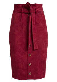 Röd mocka midi kjol med knytbar midja, knappknäppning framtill och en texturerad yta. Har en smal, figurnära silhuett.